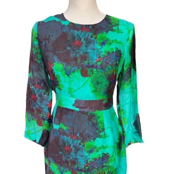 J. Crew Hothouse Watercolor Floral 100% Silk Dress Emerald Green Size 2 - Picture 2 of 10
